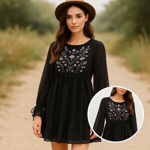 XHILARATION Black Swiss Dot Floral Embroidered Babydoll Dress M